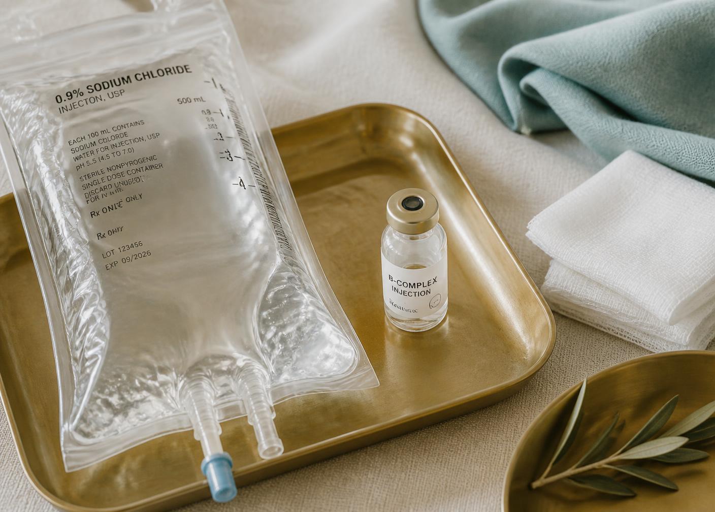 IV bag, vitamin vial and gauze arranged on a brass tray in the Infuse Edina office